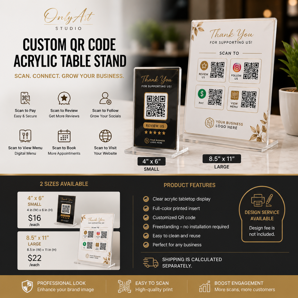 Custom QR Code Acrylic Table Stand | Print-Ready File Required